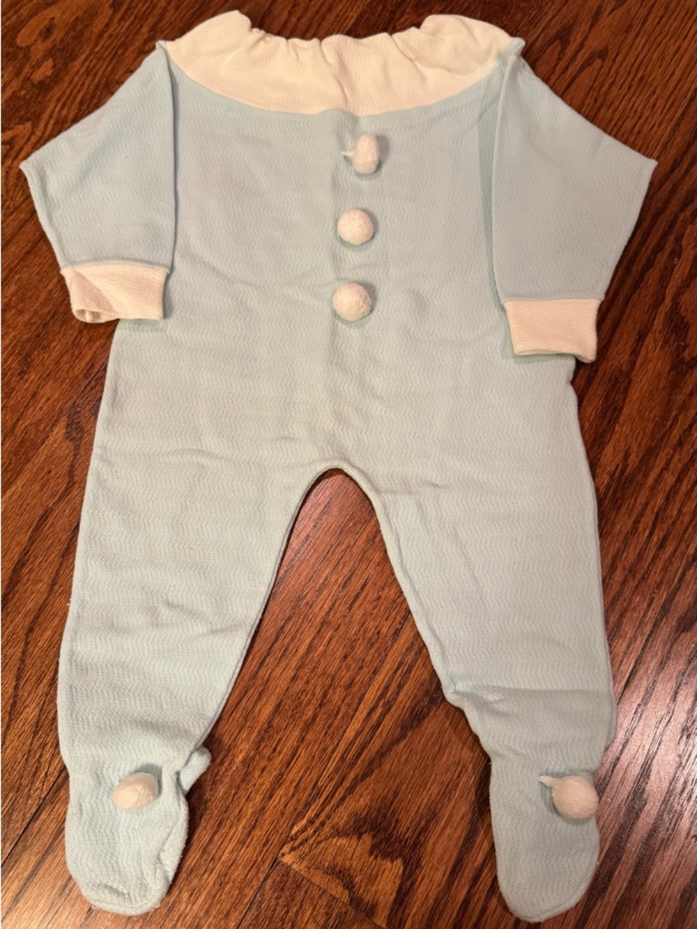 Vintage Light Baby Blue Footed One-Piece with Cream Trim